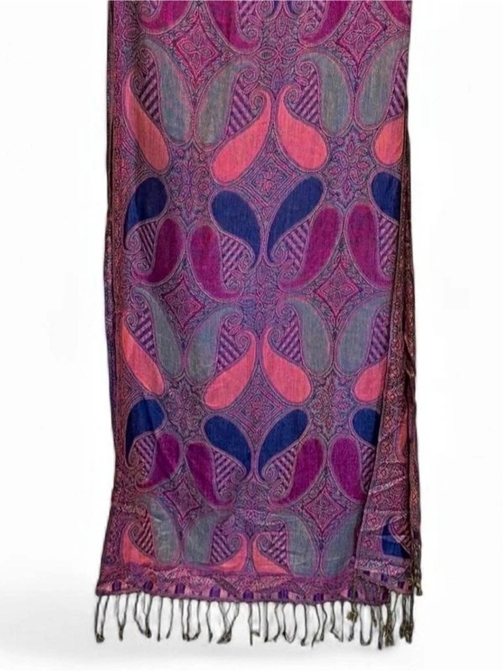 PASSIONISTA Pashmina Silk Geometric Scarf in Purple & Pink